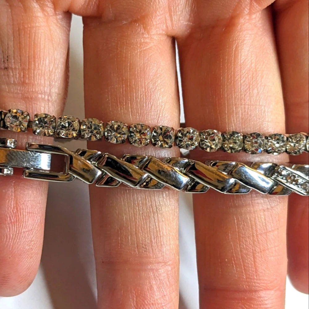 Silver-Tone‎ Rhinestone Bracelet Stretch & Metal Rhinestone Bracelet Set